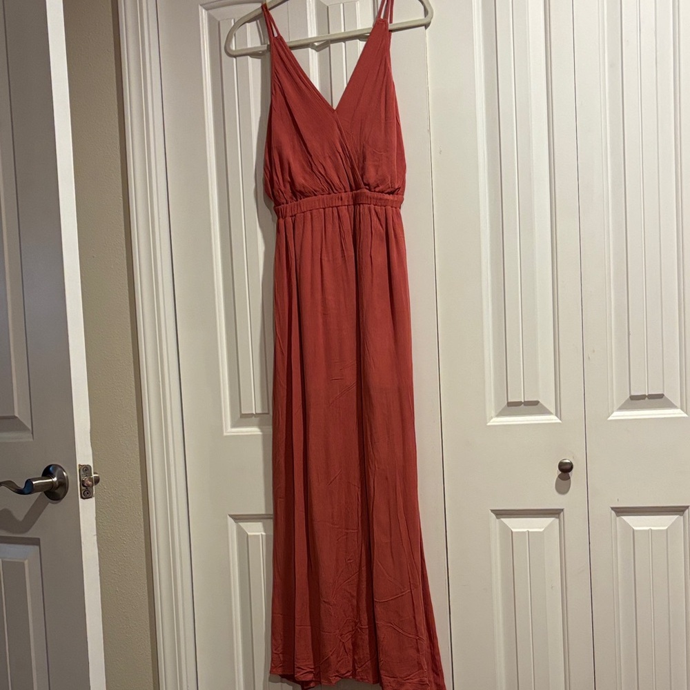 Lulu's Rust Red V-Neck Maxi Dress with Slim Straps